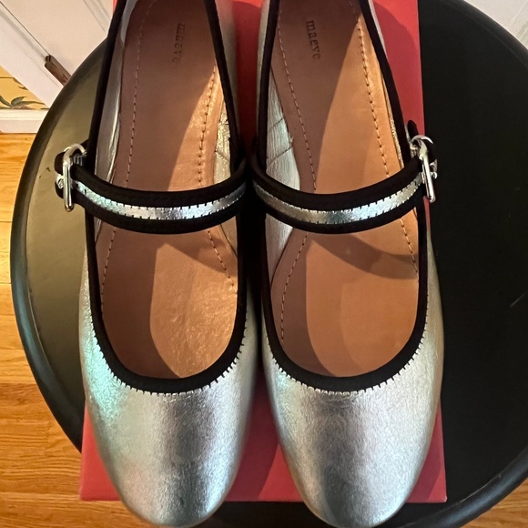 Maeve  Anthropologie Mary Jane Silver Flats with Buckle and Black Trim - Picture 1 of 11